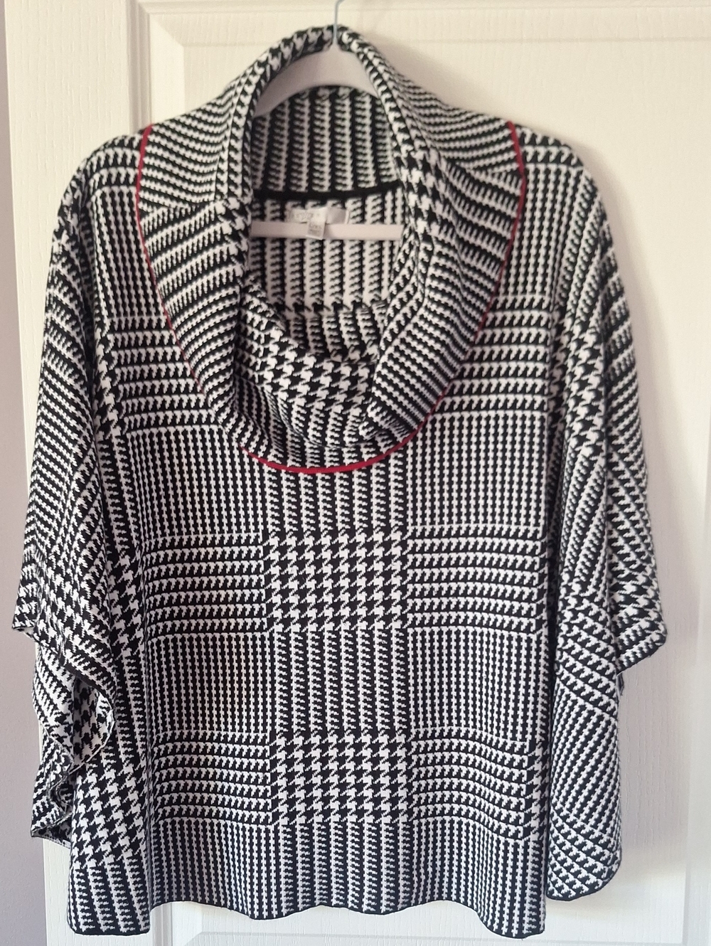 Women’s Black & White Houndstooth Cowl Neck Top with Red Trim